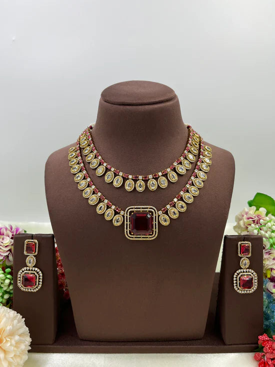 Victorian Double Layered Necklace Set | Indian Jewellery | AD Necklace & Earrings Indian Neckless Set for Bridal & Partywear