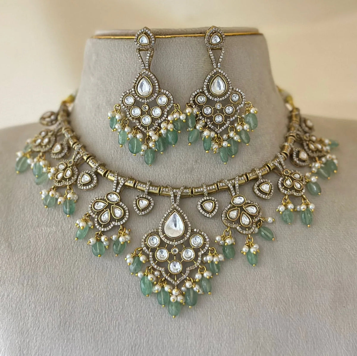 Victorian Hasli Necklace Set with Green Beads and Kundan Detailing