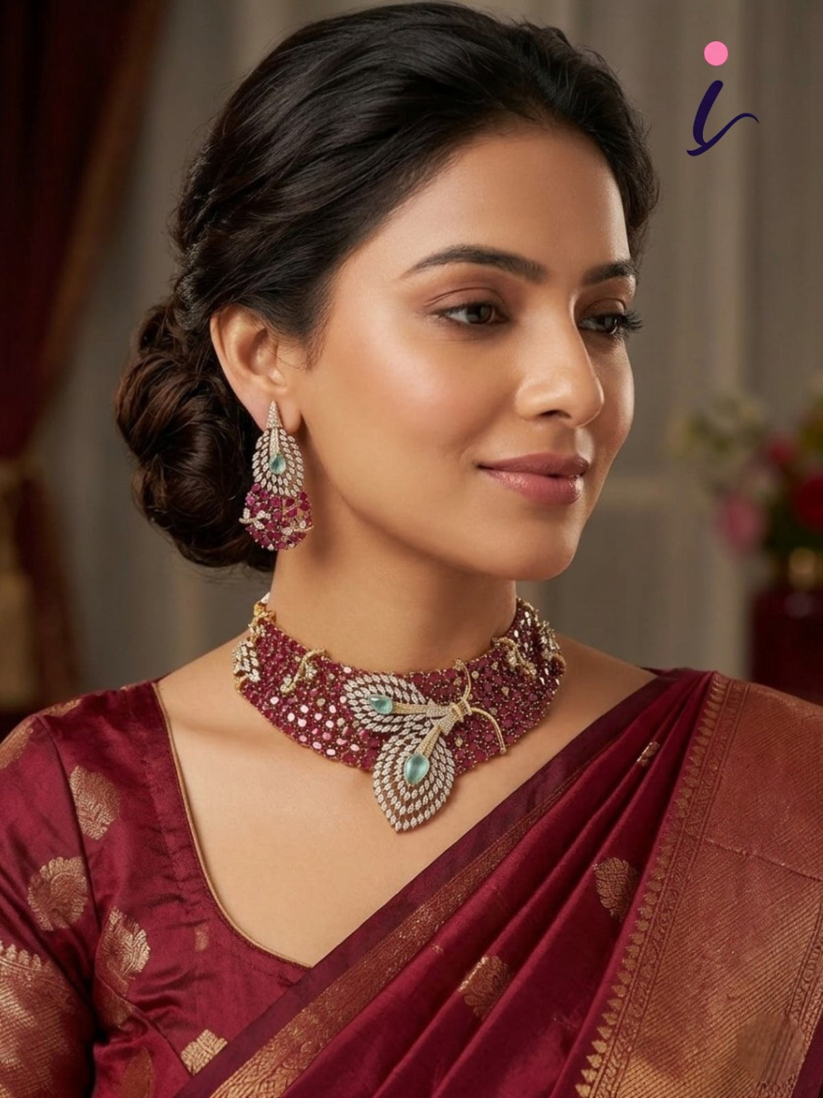 Victorian Premium Ruby Stone Choker Necklace Set for Women | Designer Bridal Jewelry with Earrings