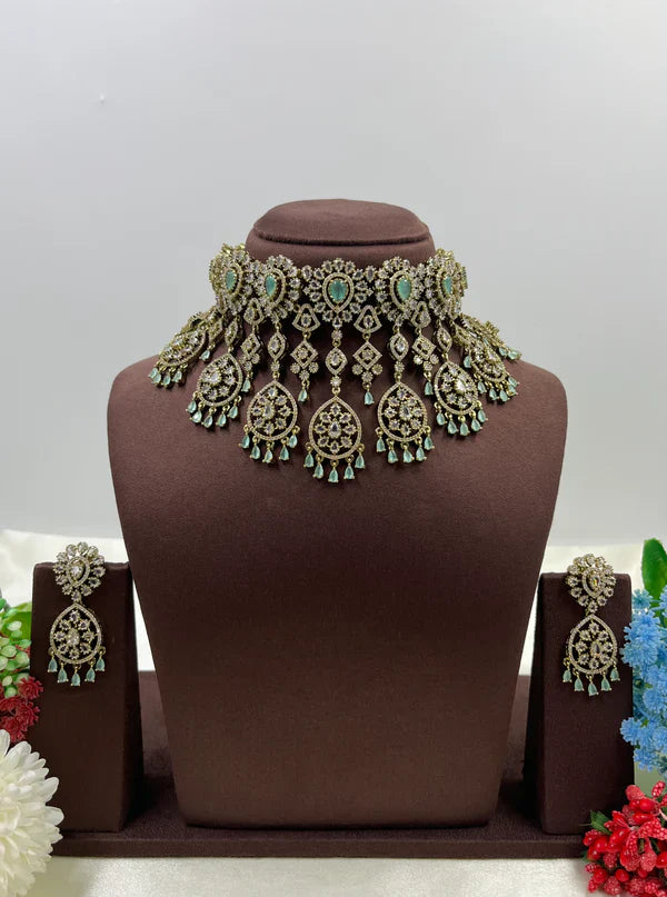 Royal Victorian AD Green Stone Choker Necklace with Earrings Bridal Statement Jewellery Set