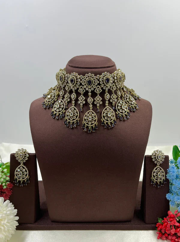 Royal Victorian AD Green Stone Choker Necklace with Earrings Bridal Statement Jewellery Set