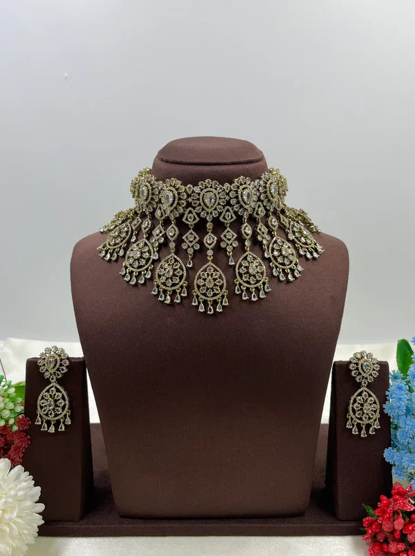 Royal Victorian AD Green Stone Choker Necklace with Earrings Bridal Statement Jewellery Set