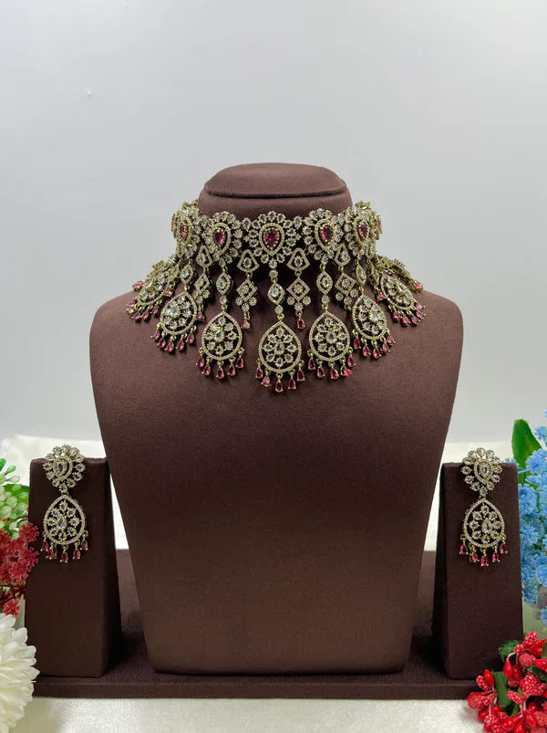 Royal Victorian AD Green Stone Choker Necklace with Earrings Bridal Statement Jewellery Set