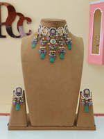 Floral Pakistani Polki Choker Earrings Set, Jaipuri Polki Choker Earrings Set, Rajsthani Jewelry Set, Indian Polki Jewelry Set