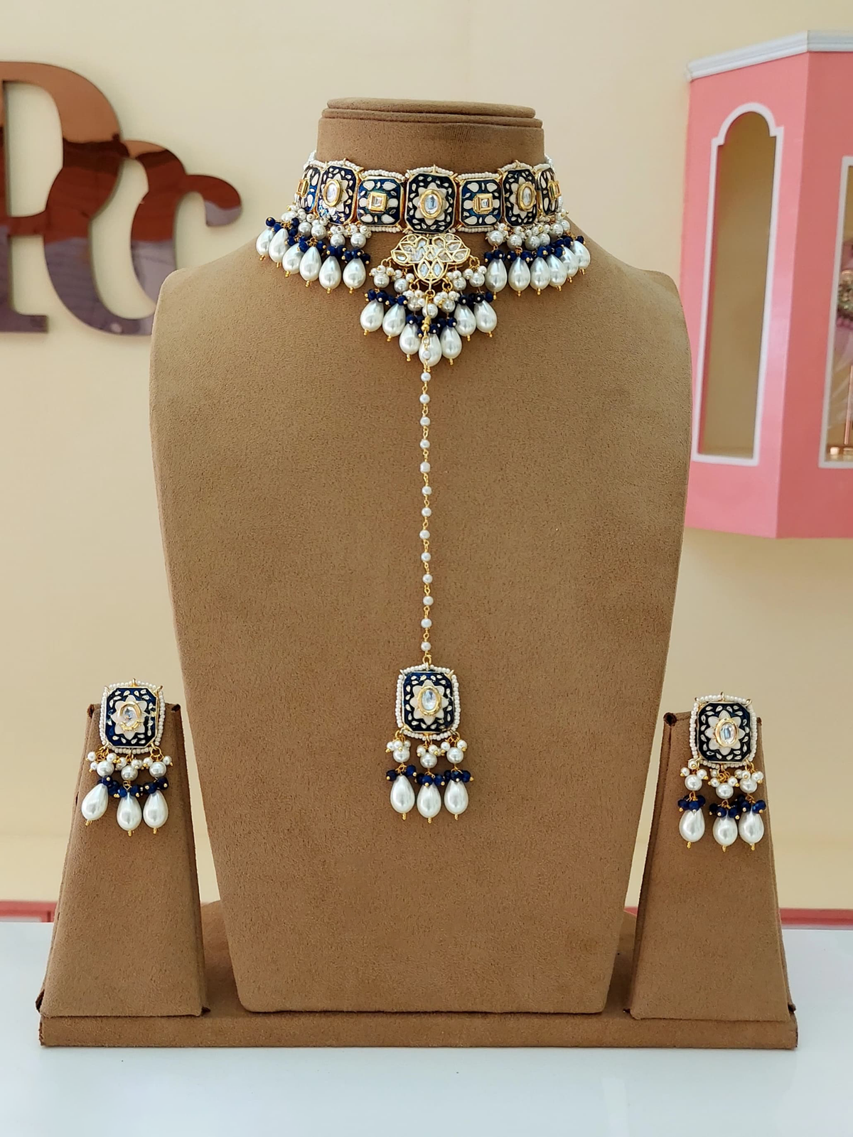 Gold Plated Blue Pakistani Choker Earrings Maangtika Set, Indian Choker Set, Wedding Traditional Jewelry Set, Floral Jewelry Set