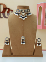 Gold Plated Blue Pakistani Choker Earrings Maangtika Set, Indian Choker Set, Wedding Traditional Jewelry Set, Floral Jewelry Set