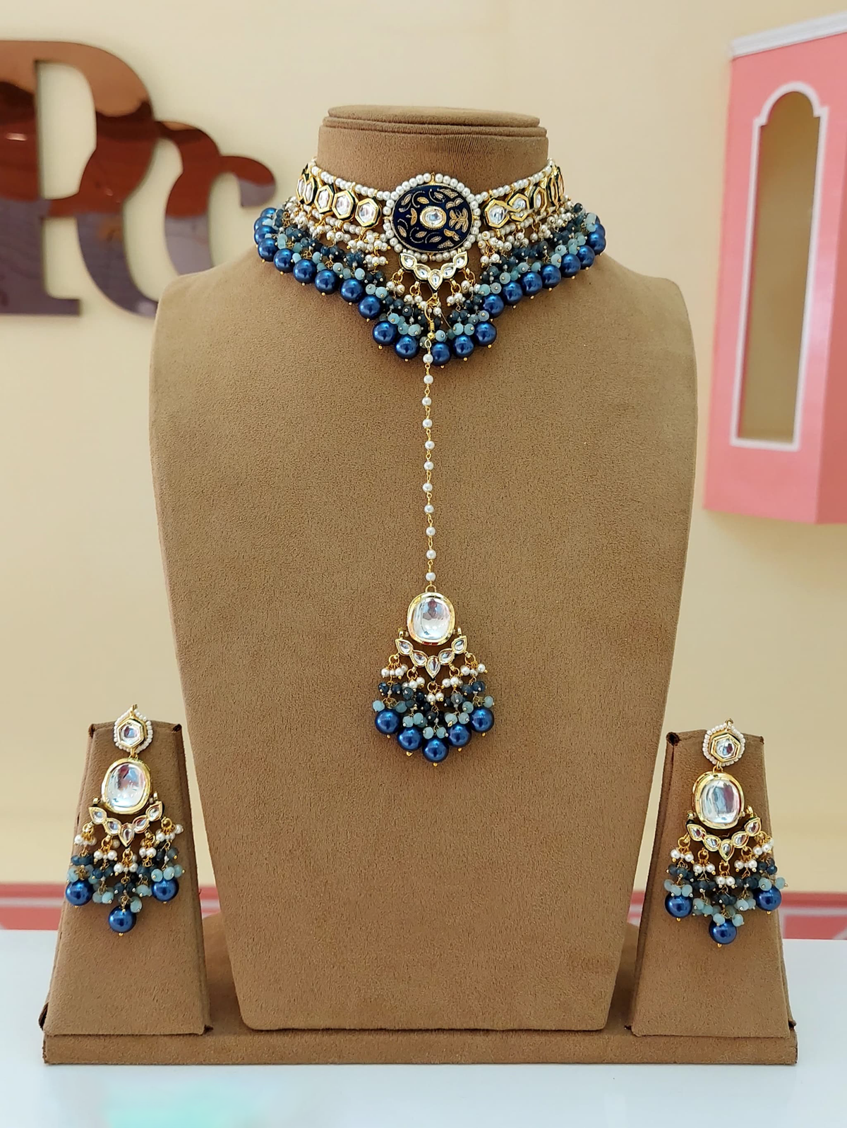 Blue Indian Bridal Choker Earrings Maangtila Set, Jaipuri Polki Choker Set, Pakistani Choker Set, Bollywood Polki Jewelry Set