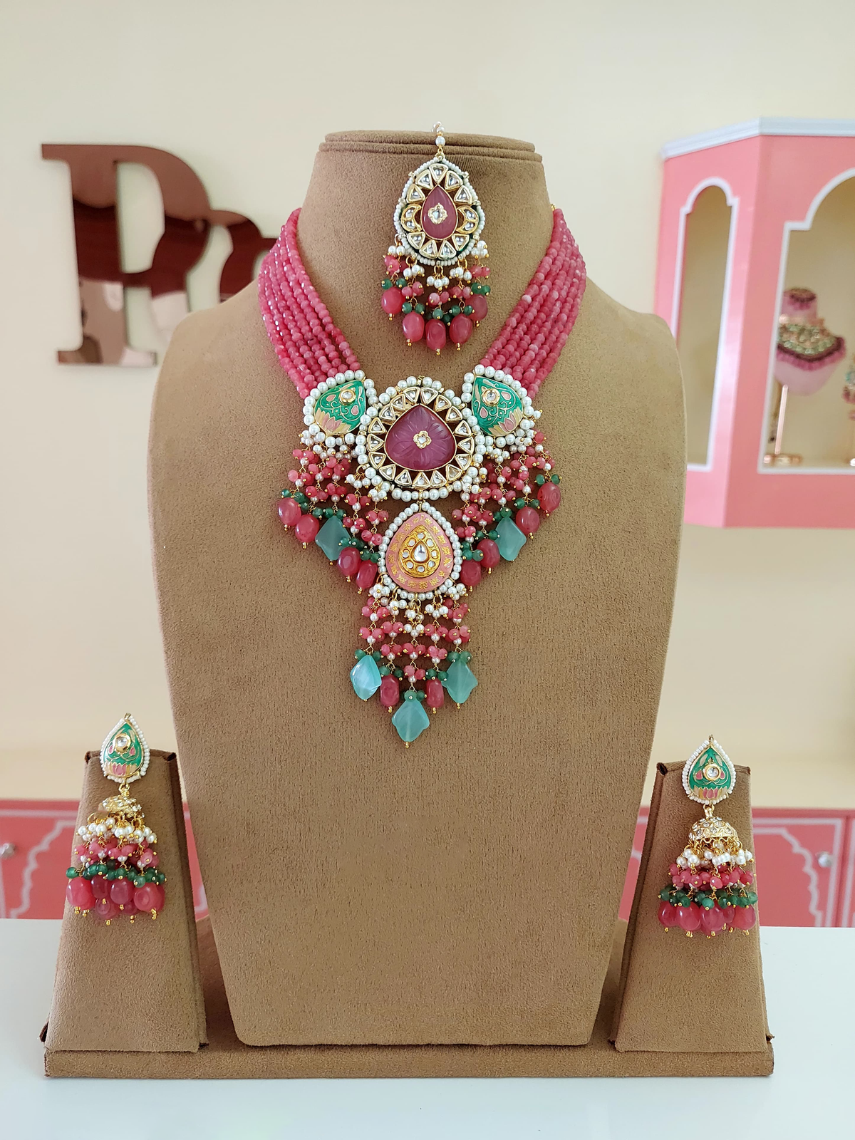 Rajsthani Ethnic Meenakari Necklace Earrings Maangtika Set, Jaipuri Wedding Meenakari Jewelry Set, Indian Jewelry Set, Bollywood Wedding Necklace Set, Bridal Necklace Set