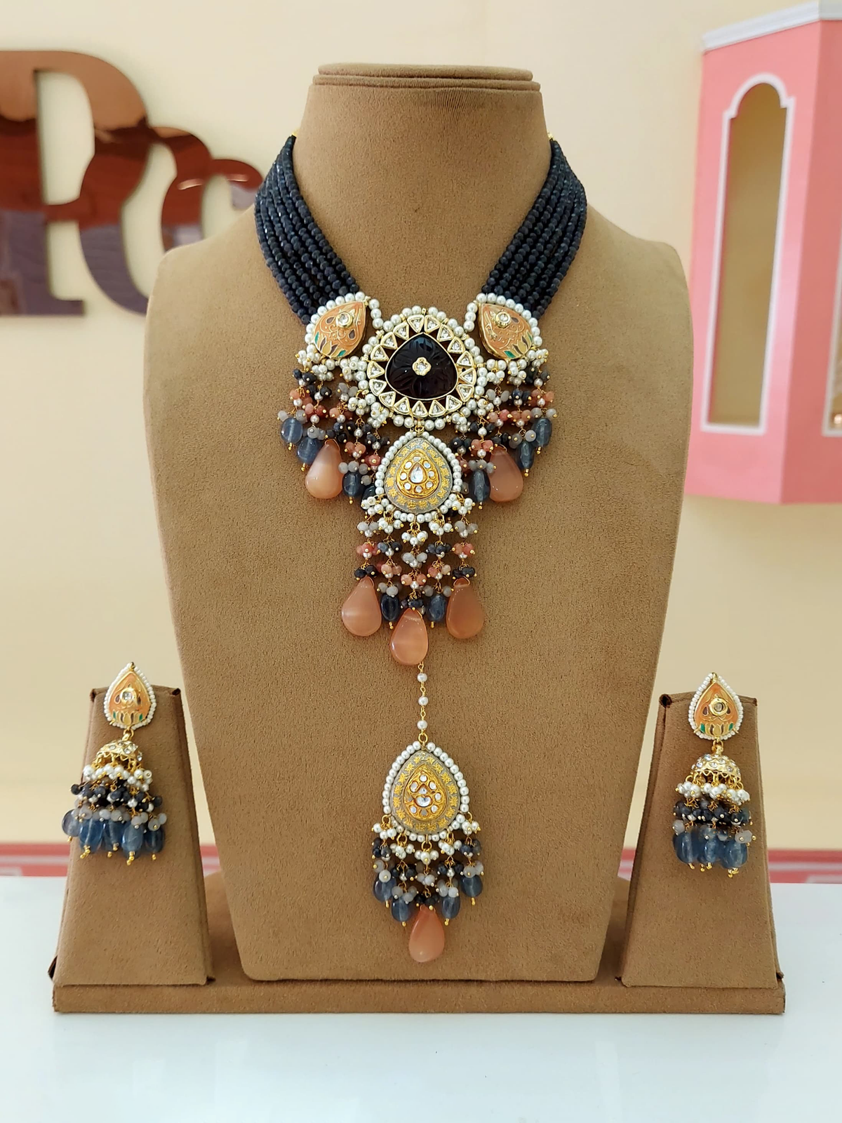 Rajsthani Ethnic Meenakari Necklace Earrings Maangtika Set, Jaipuri Wedding Meenakari Jewelry Set, Indian Jewelry Set, Bollywood Wedding Necklace Set, Bridal Necklace Set