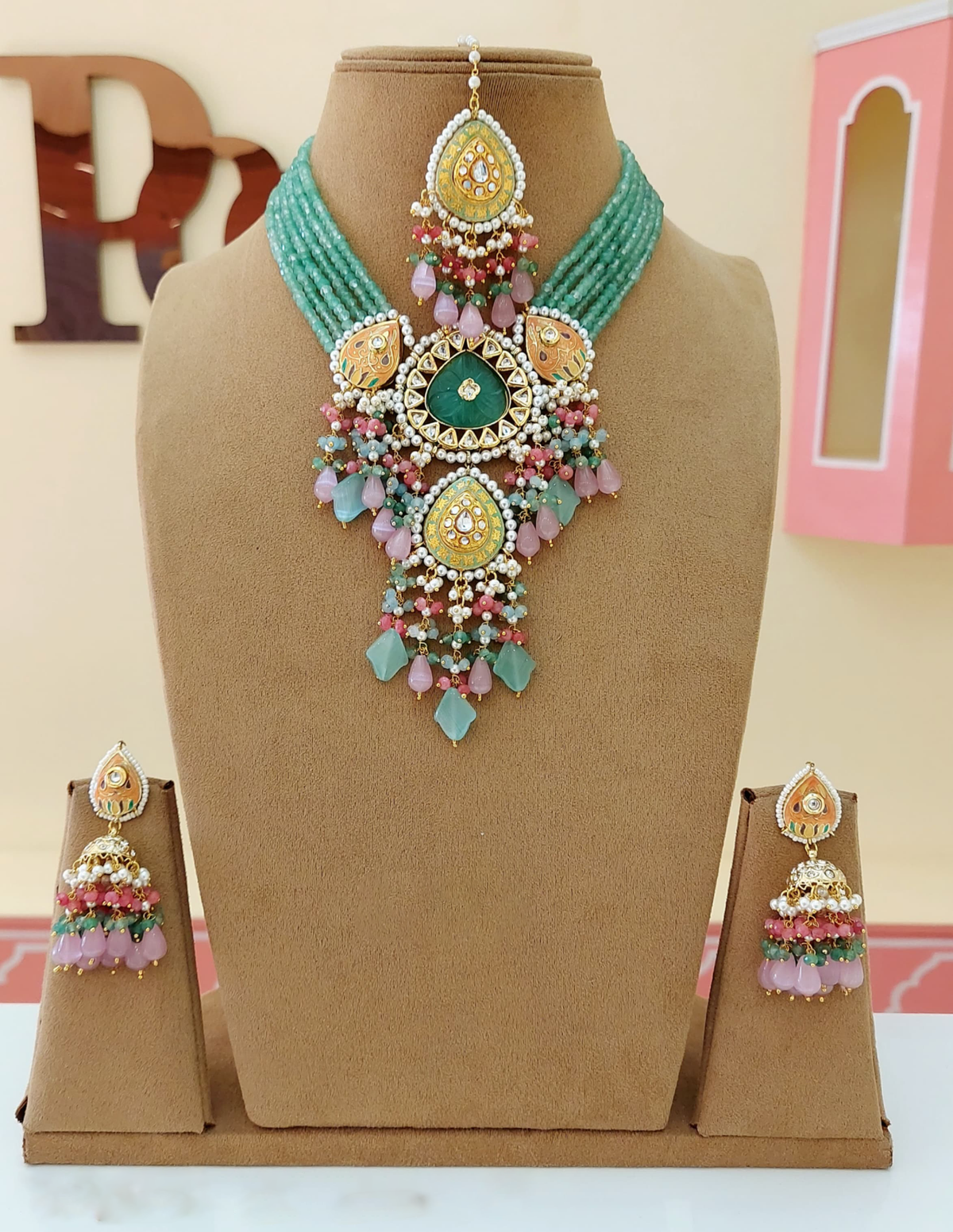 Rajsthani Ethnic Meenakari Necklace Earrings Maangtika Set, Jaipuri Wedding Meenakari Jewelry Set, Indian Jewelry Set, Bollywood Wedding Necklace Set, Bridal Necklace Set