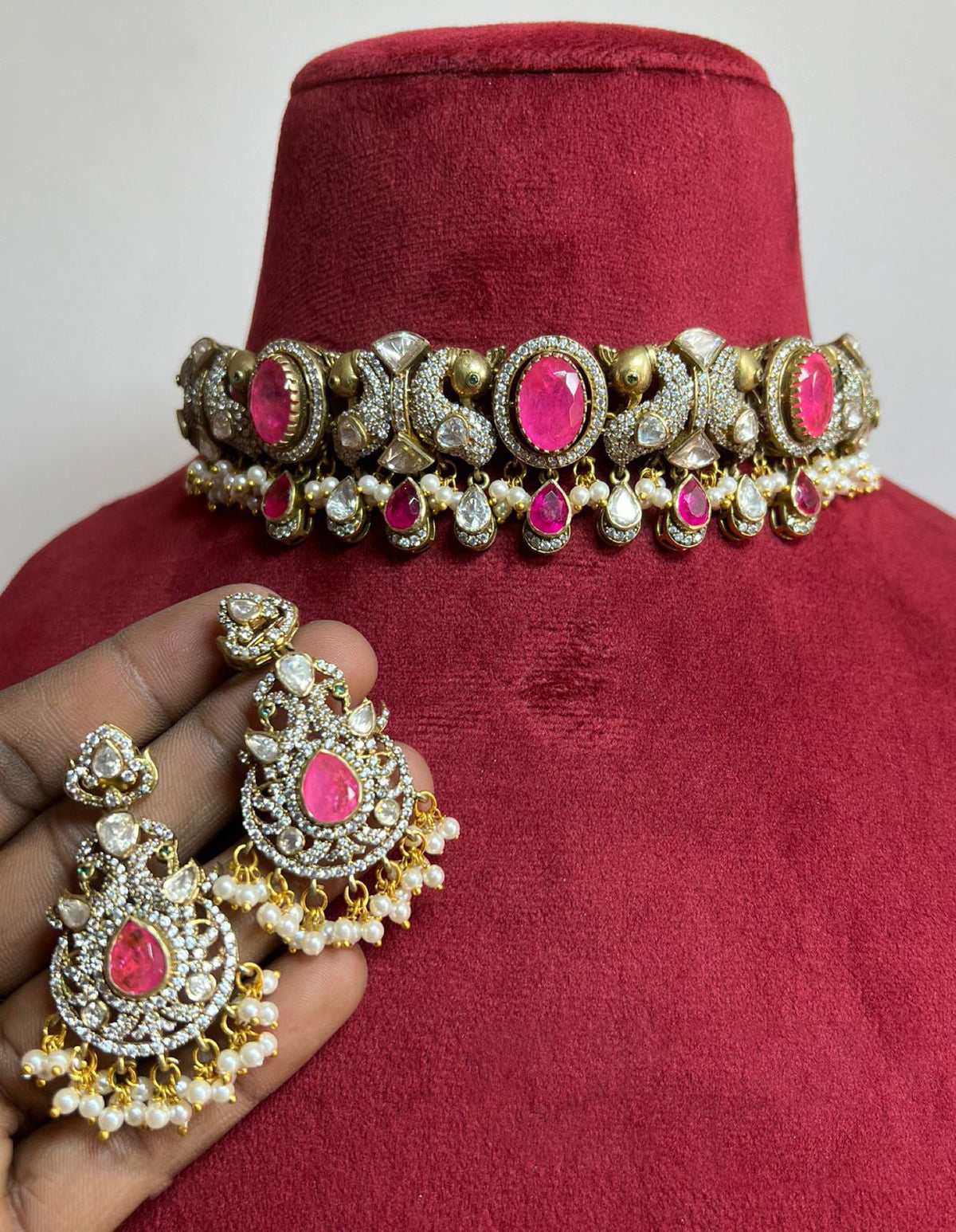 Jaipuri Indian Peacock Inspired Choker Earrings Set, Rajsthani Peacock Design Polki Choker Set, Polki Choker Set, Peacock Indian Jewelry Set