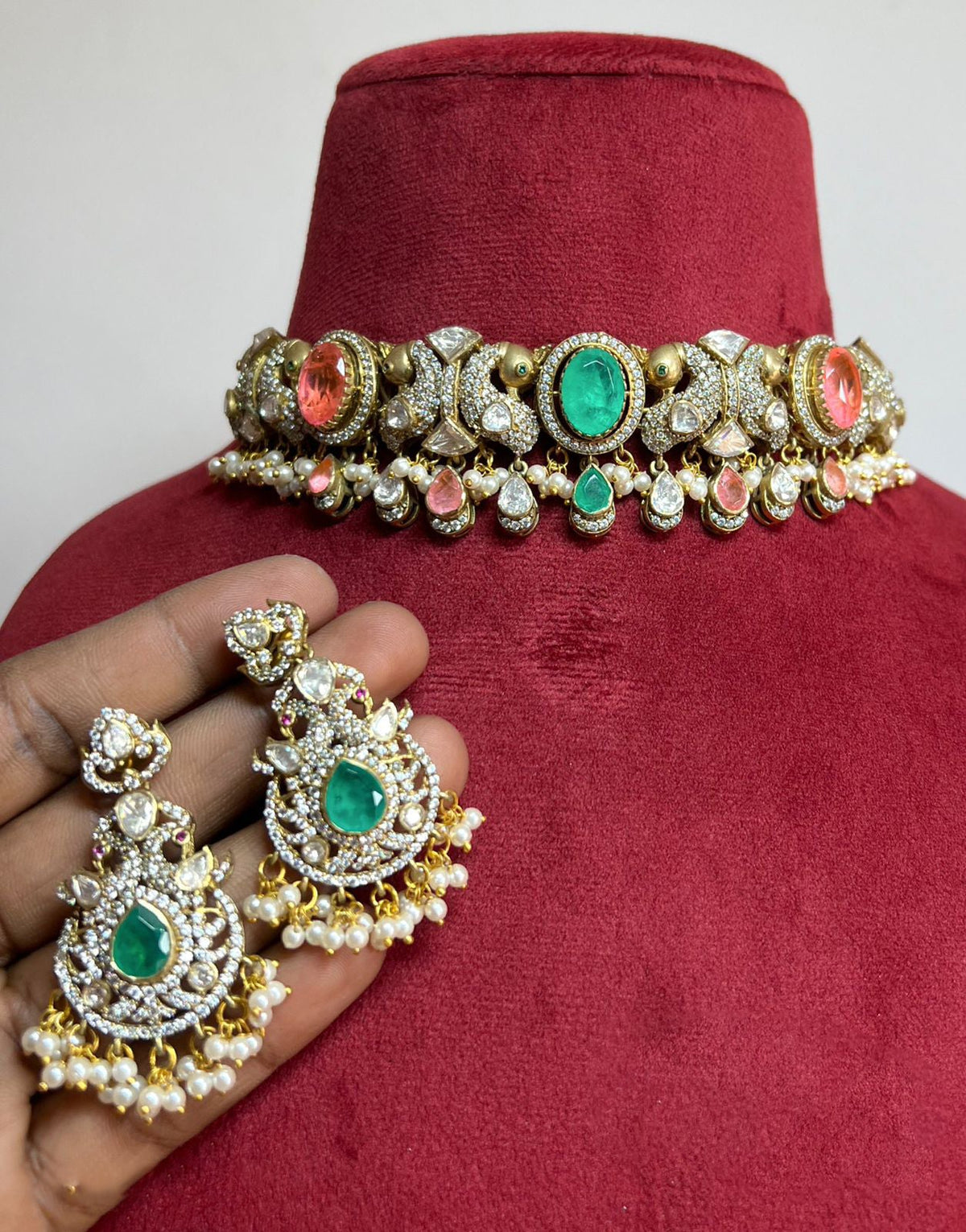 Jaipuri Indian Peacock Inspired Choker Earrings Set, Rajsthani Peacock Design Polki Choker Set, Polki Choker Set, Peacock Indian Jewelry Set