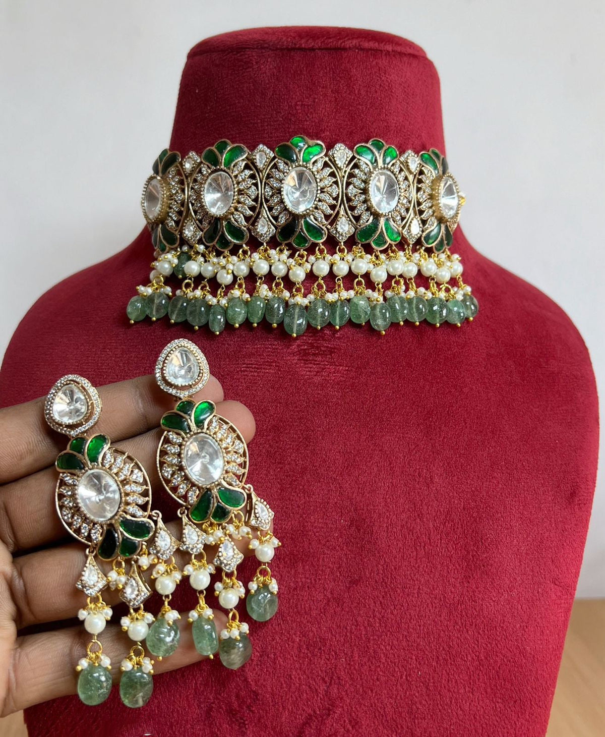Rajsthani Floral Designed Polki Choker Earrings Set, Jaipuri Floral Polki Choker Set, Indian Choker Jewelry Set, Floral Indian Choker Set, Bollywood Floral Polki Choker Set, Polki Choker Set