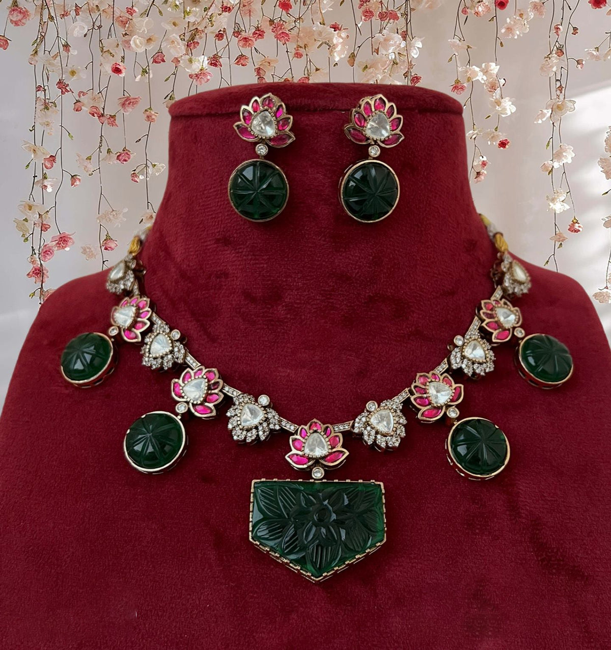 Bridal Floral Traditional Polki Necklace Earrings Set, Wedding Polki Ethic Necklace Set, Polki Jewelry Set, Indian Jewelry Set, Rajsthani Necklace Set