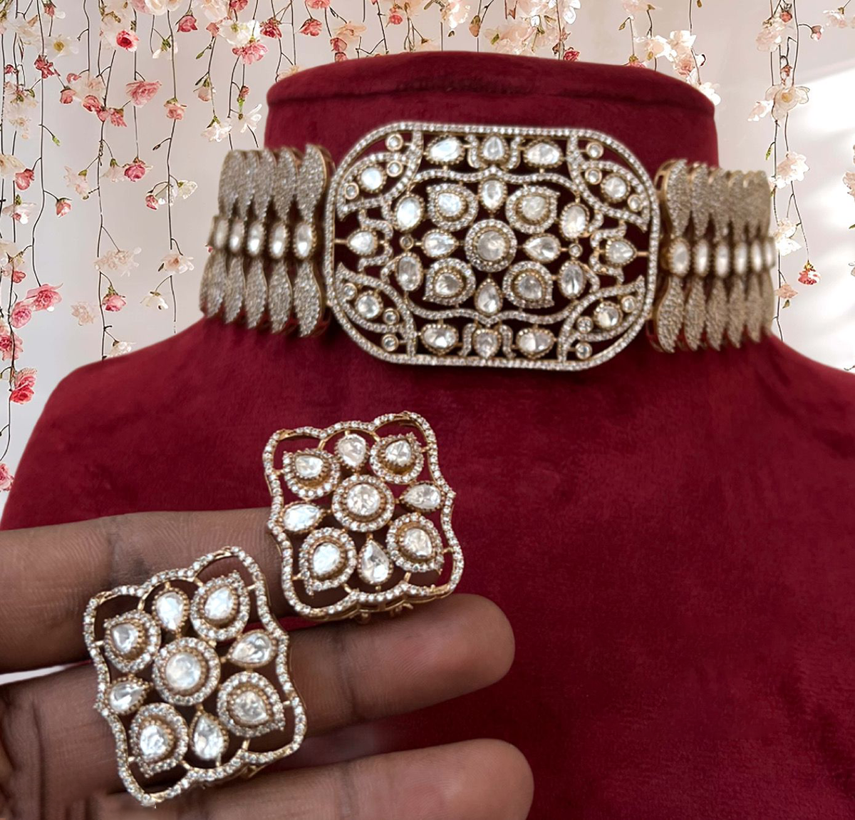 Gold Plated Silver Indian Choker Matching Earrings Set, Indian Silver Choker Set, Bridal Silver Jewelry Set, Pakistani Wedding Choker Set