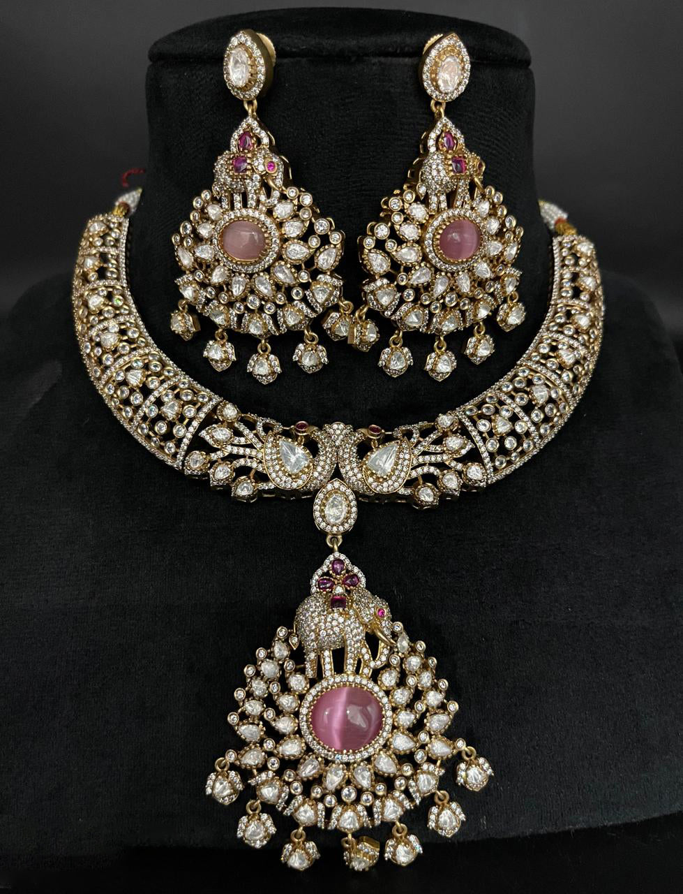 Jaipuri Elephant Inspired Polki Necklace Set, Rajsthani Elephant Designed Jewelry Set, Indian Elephant Polki Necklace Earrings Set