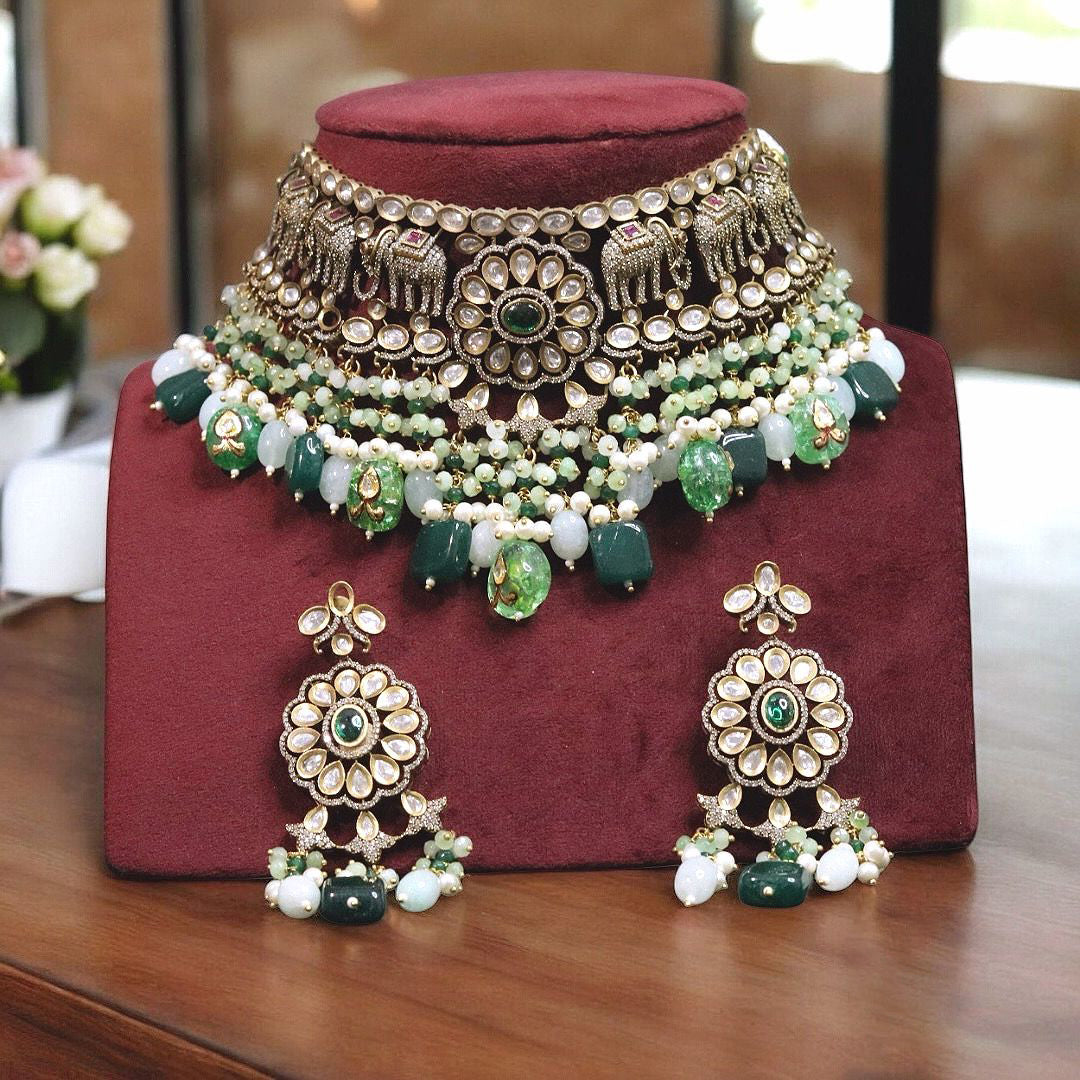 Indian Floral Earrings Elephant Inspired Choker Jewelry Set, Indian Polki Elephant Designed Jewelry Set, Bollywood Polki Choker Set