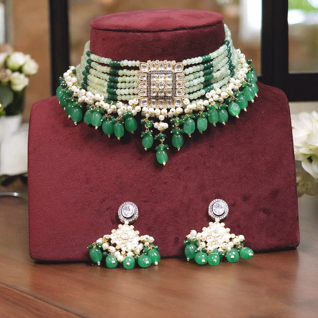 Multi Stranded Accents Beaded Choker Indian Jewelry Set, Indian Beaded Choker Set, Wedding Jewelry Set, Pakistani Jewelry Set, Traditional Choker Set