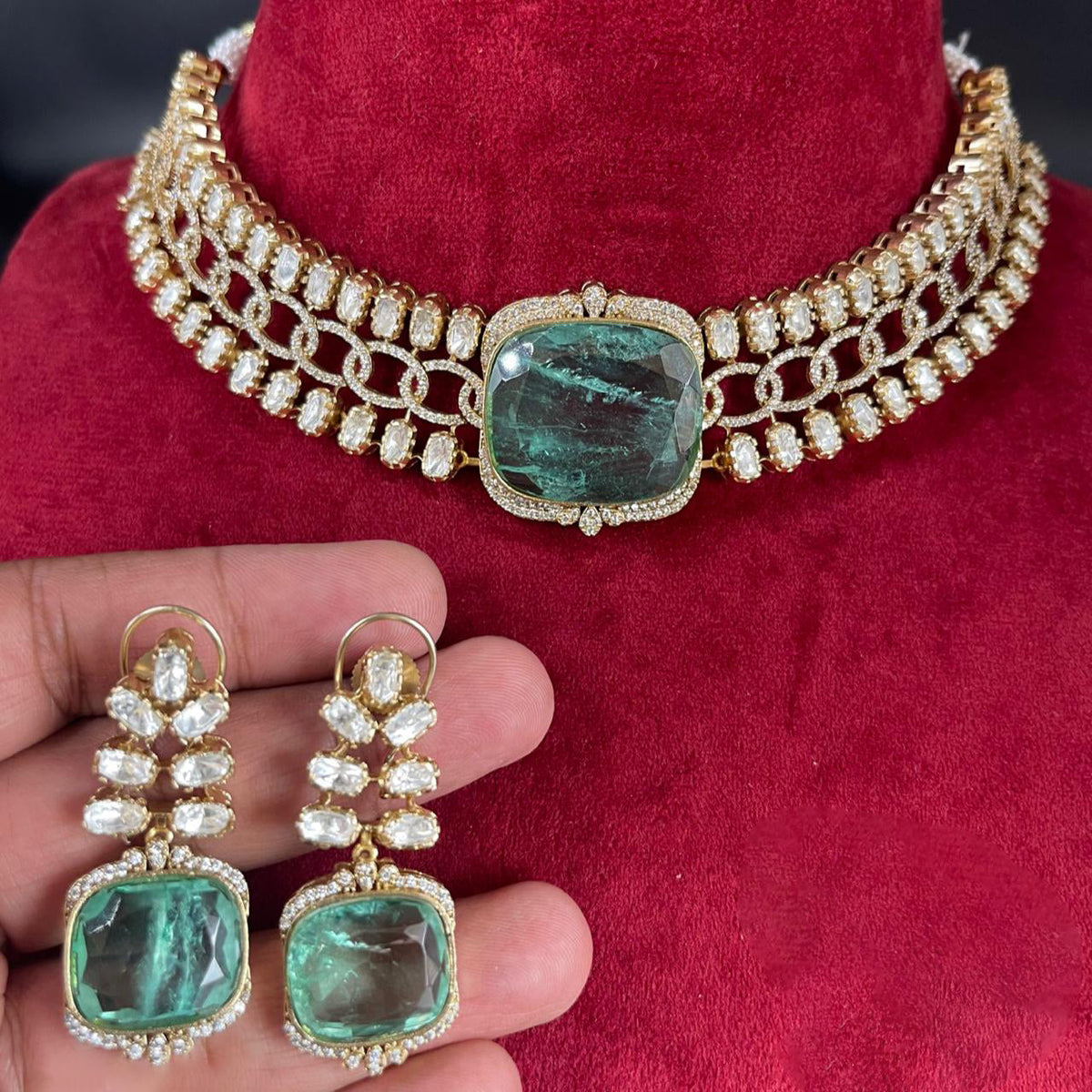 Gold Plated Punjabi Polki Choker Earrings Set, Punjabi Polki Jewelry Set, Gold Plated Indian Choker Set, Bollywood Wedding Choker