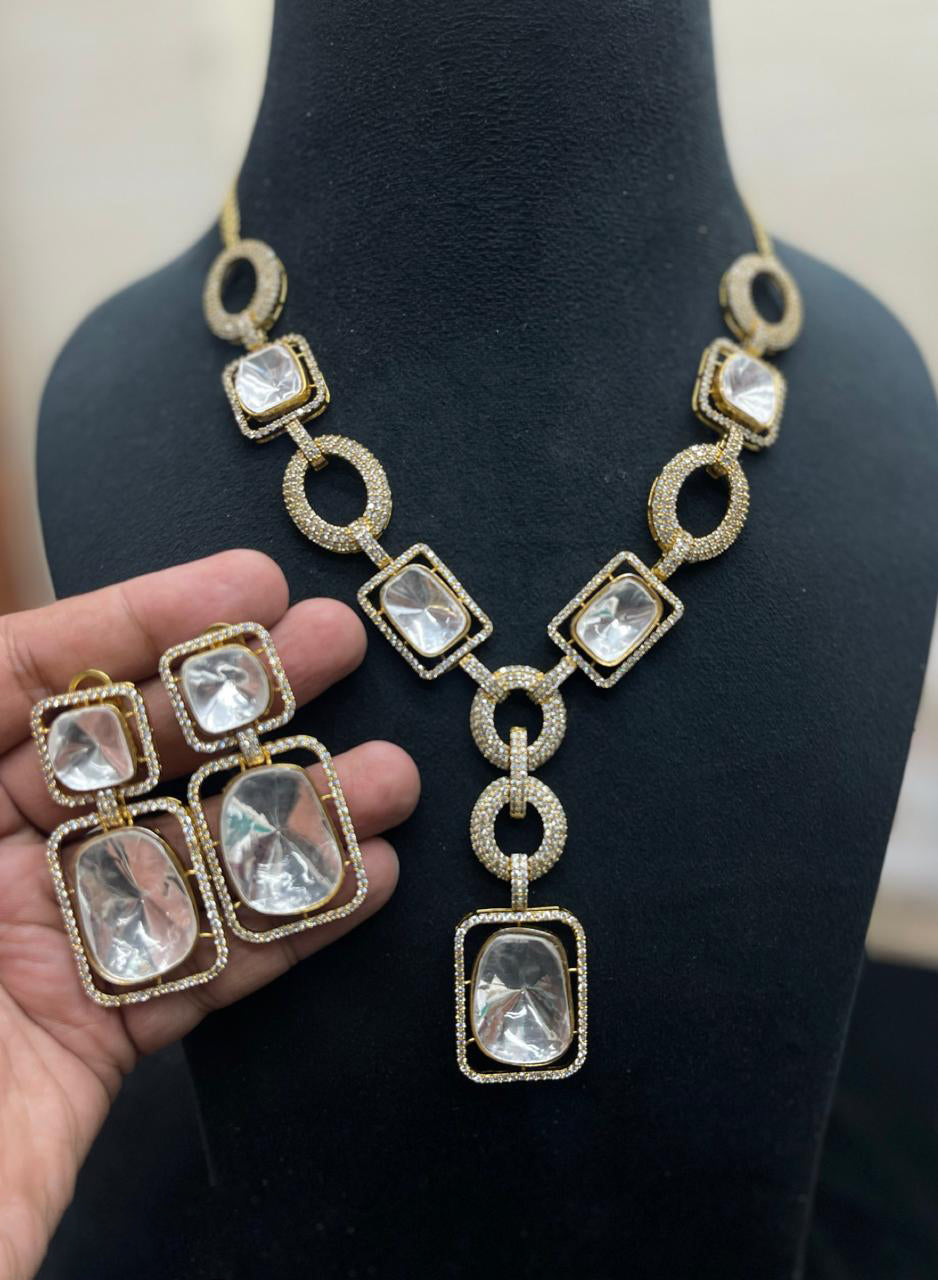 Dazzling Shimmering Polki Indian Necklace Earrings Set, Polki Statement Pakistani Jewelry Set, Bollywood Inspired Polki Necklace Set, Jewelry Set