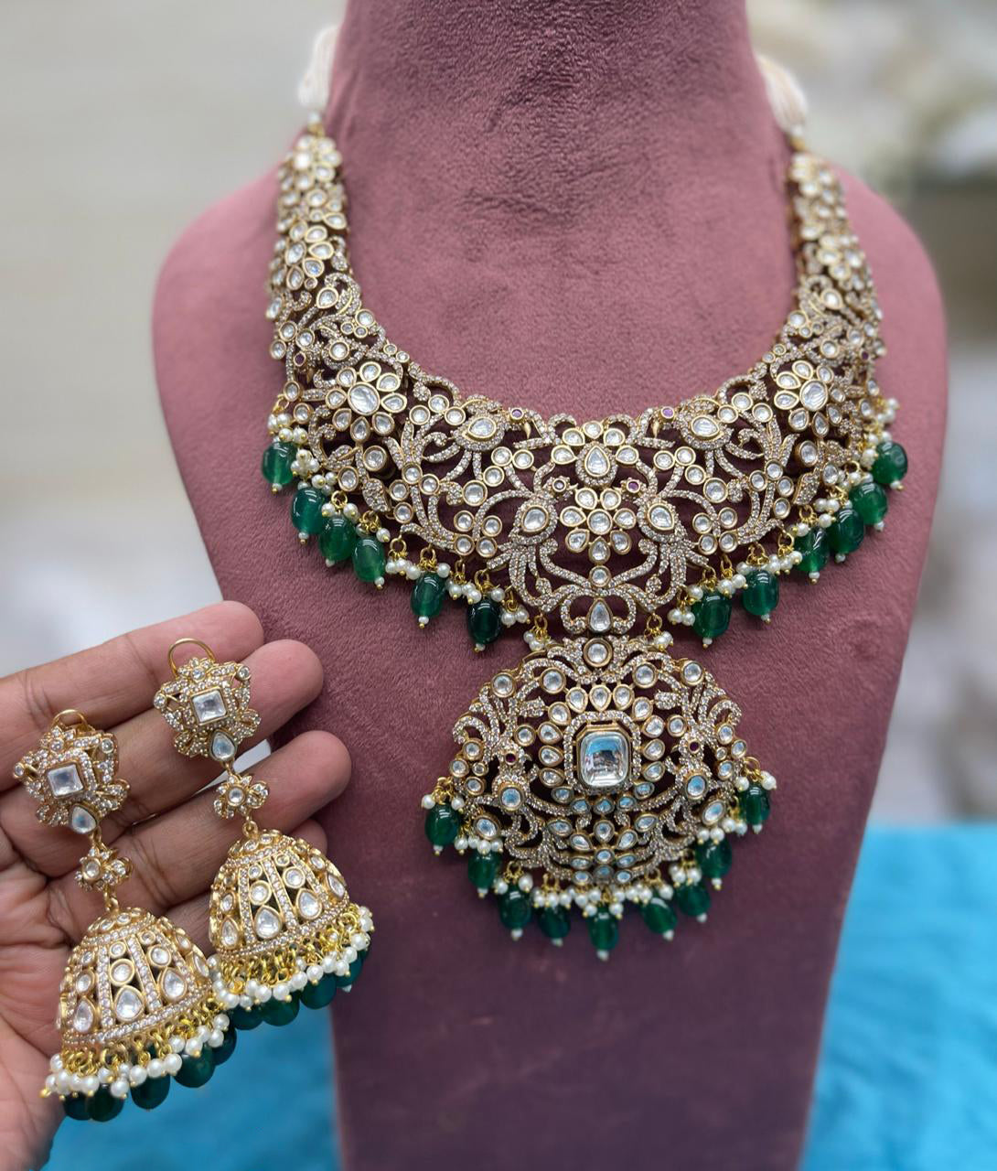 Exquisite Rajwadi Choker Emerald Drops Intricate Jhumkas, Rajsthani Traditional Choker Jhumka Set, Indian Choker Jhumka Jewelry Set, Pakistani Jewelry