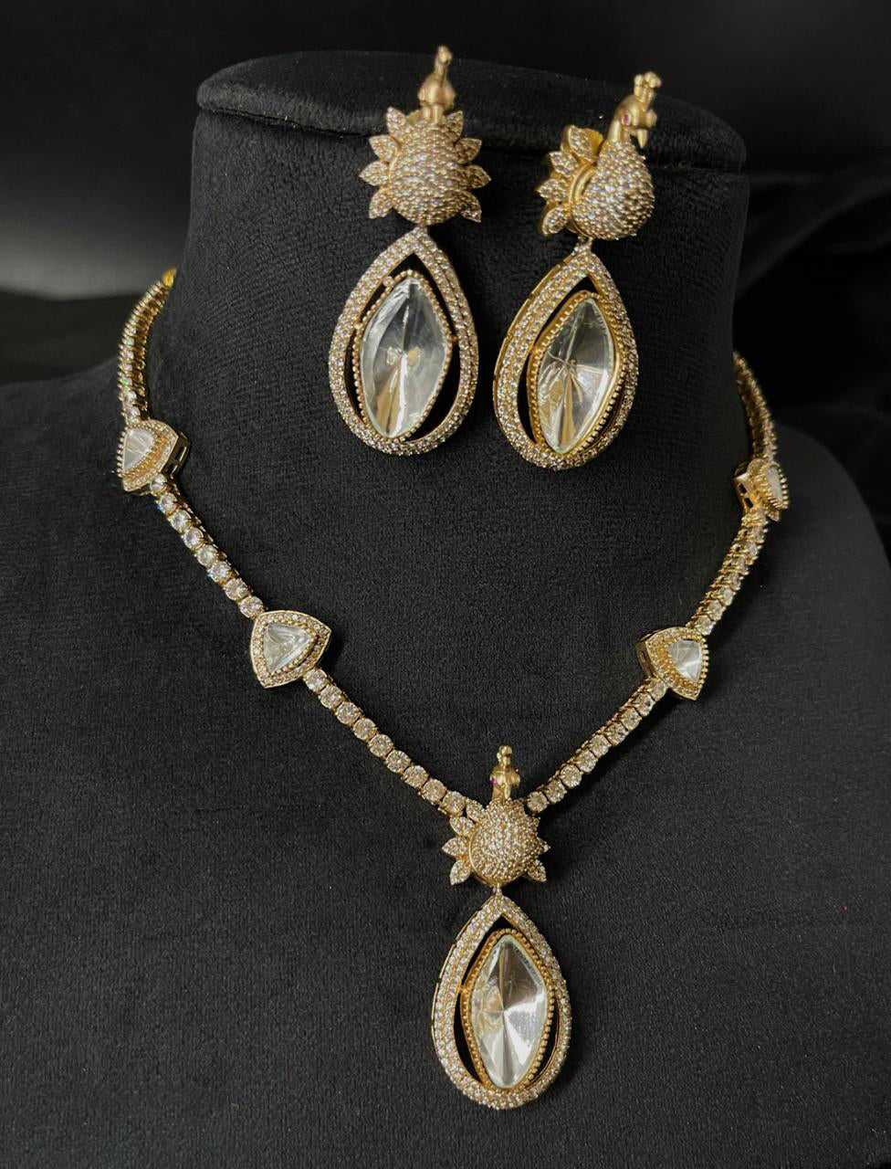 Bridal Gold Plated Nature Inspired Polki Necklace Set, Bollywood Nature Inspired Polki Necklace Set, Pakistani Gold Plated Jewelry Set