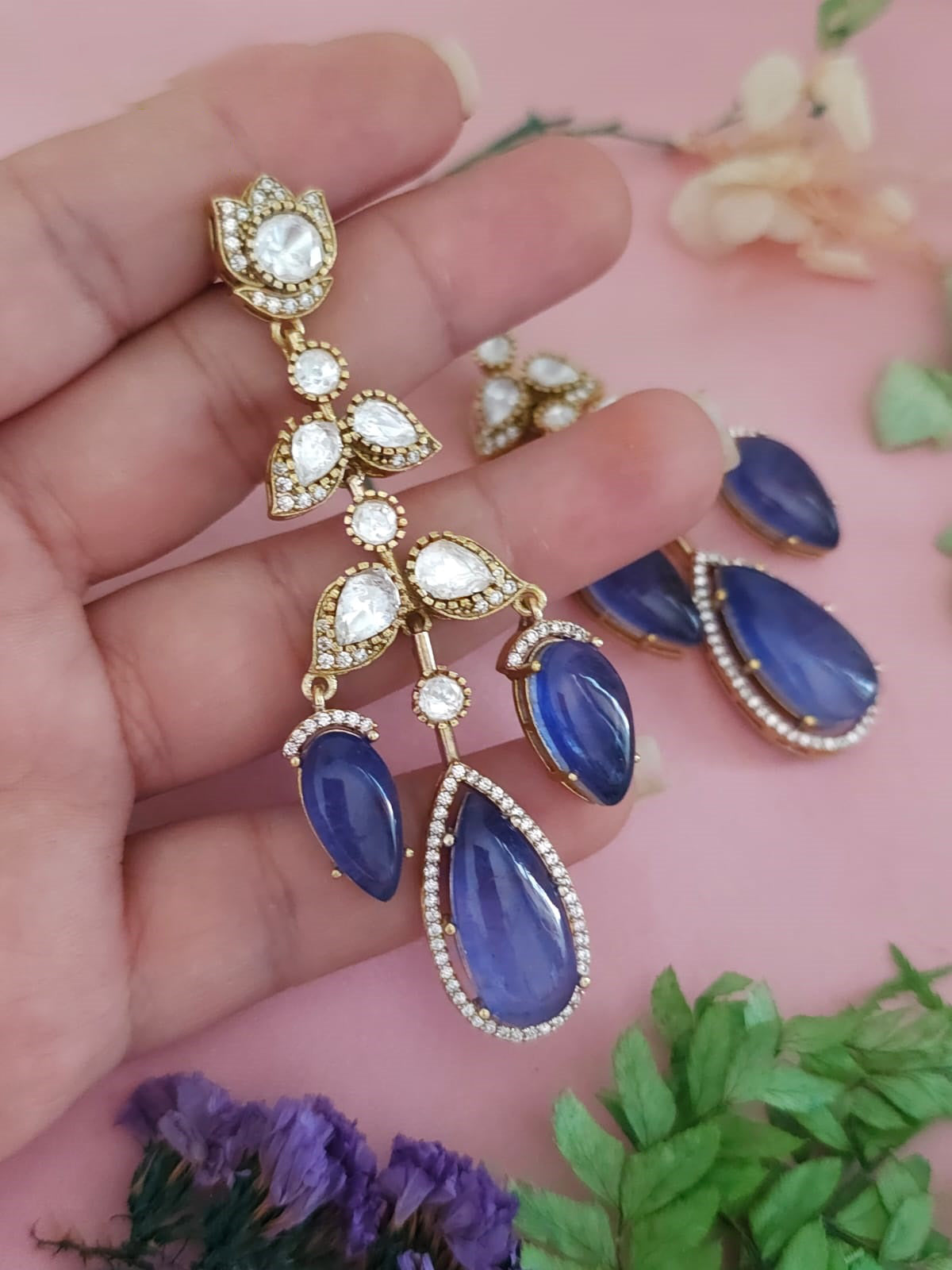 Royal Jaipuri Floral American Diamond Earrings Set, Royal CZ Earrings Set, Bollywood AD Earrings Set, Pakistani AD Earrings Jewelry Set