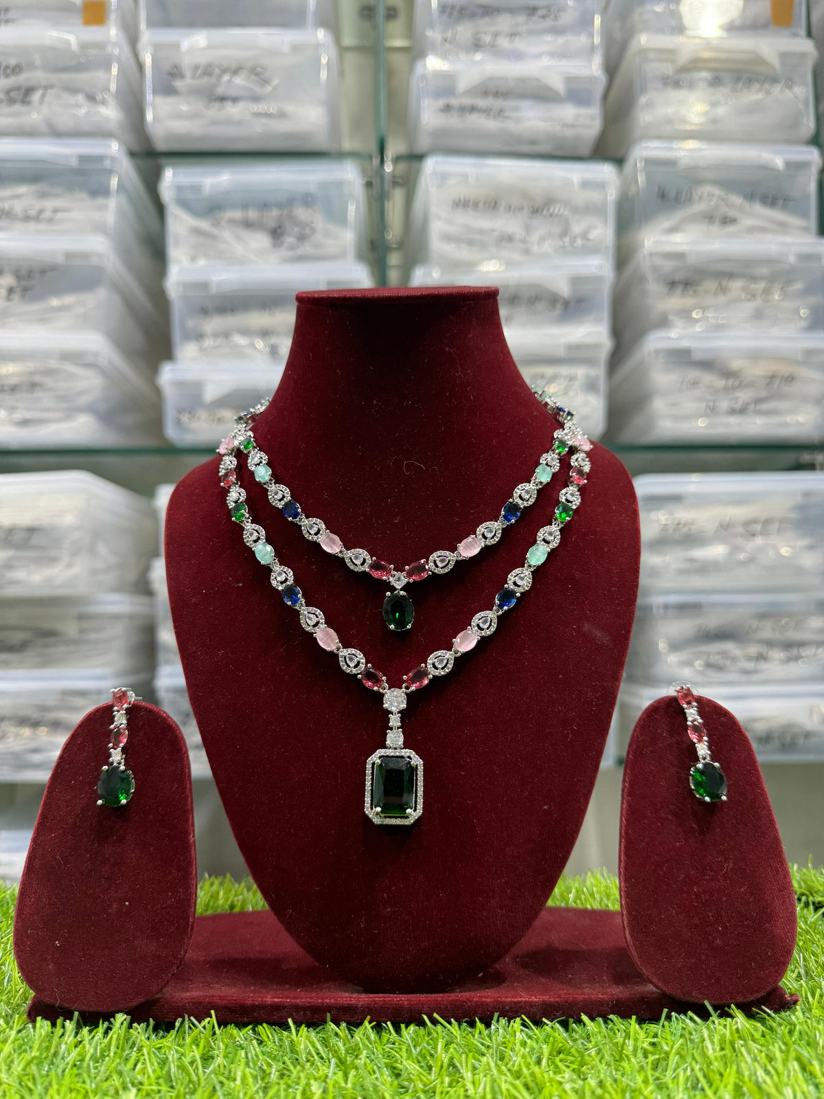 Double Layer CZ Indian Bridal Necklace Earrings Set, Bollywood Double Layer Necklace Set, AD Indian Layer Jewelry Set, Celebrity CZ Layer Necklace Set