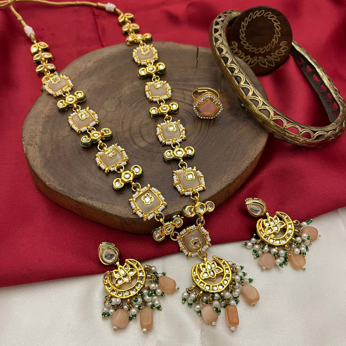 Rajsthani Traditional Gold Plated Kundan Necklace Set, Jaipuri Ethnic Kundan Necklace Earrings Set, Indian Traditional Kundan Jewelry Set, Bollywood Kundan Jewelry Set, Indian Wedding Kundan Beaded Necklace Earrings Set