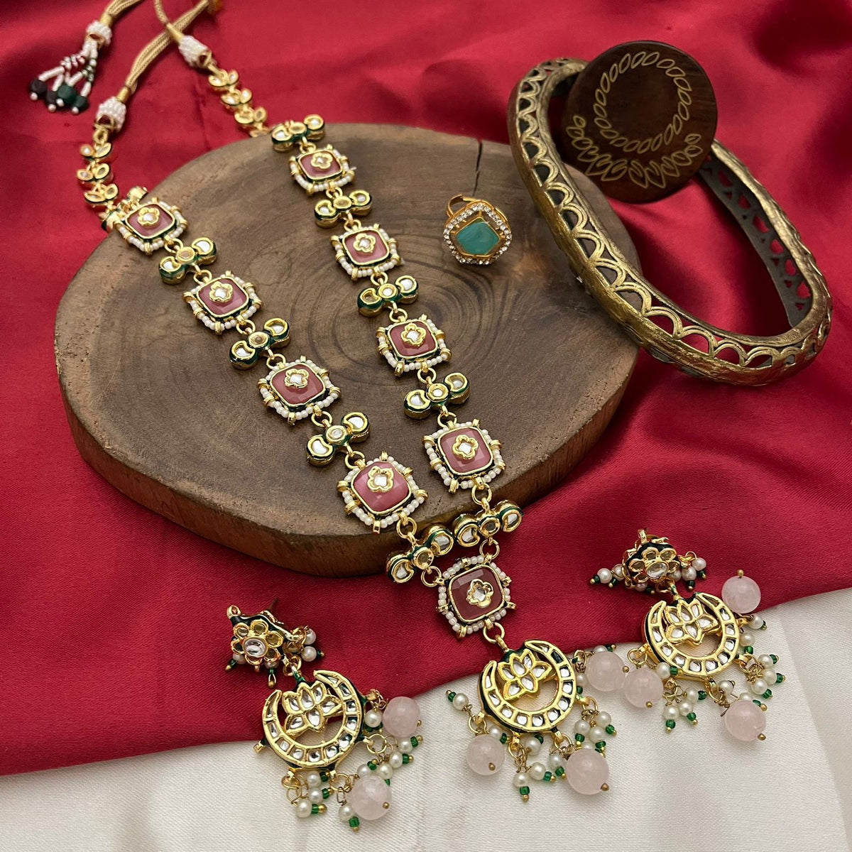 Rajsthani Traditional Gold Plated Kundan Necklace Set, Jaipuri Ethnic Kundan Necklace Earrings Set, Indian Traditional Kundan Jewelry Set, Bollywood Kundan Jewelry Set, Indian Wedding Kundan Beaded Necklace Earrings Set