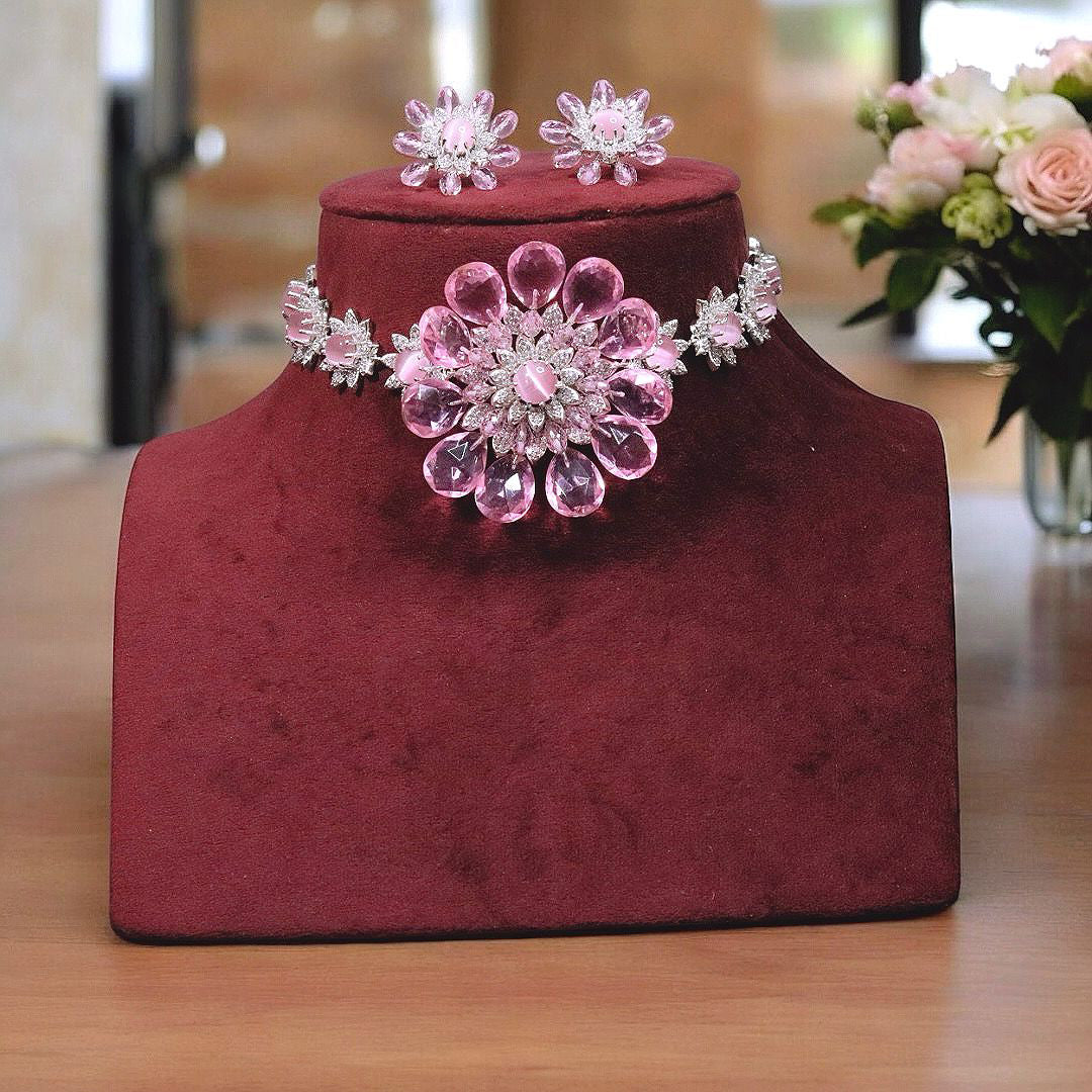 Pink Lotus FLoral Inspired Indian Polki Choker Earrings Set, Pink Lotus Choker Set, Pink Indian Jewelry Set, Bollywood Lotus Choker Set, Celebrity Lotus Floral Choker Earrings Set