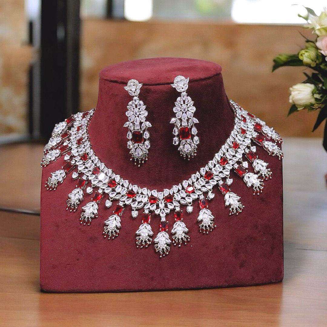 Jaipuri Siner Red Bridal Choker Earrings Set, Indian Wedding Silver Jewelry Set, Celebrities Red Silver Choker Set, Indian Choker Set