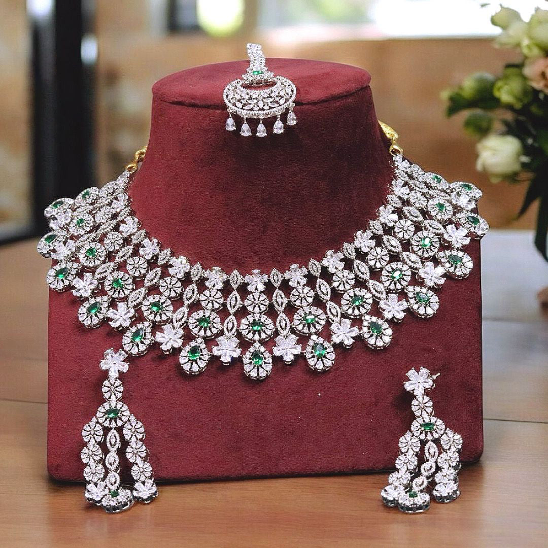 Layered Silver Emerald Indian Choker Earrings Maangtika Set, Layer Silver Jewelry Set, Bollywood Polki Choker Earrings Mangtika Set, Indian Wedding Layer Choker Set