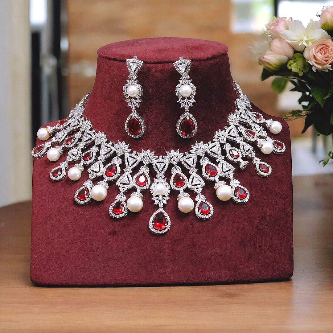 Bridal Polki Silver Red Choker Earrings Set, Wedding Polki Indian Jewerly Set, Pakistani Polki Choker Set, Jaipuri Polki jewlery Set