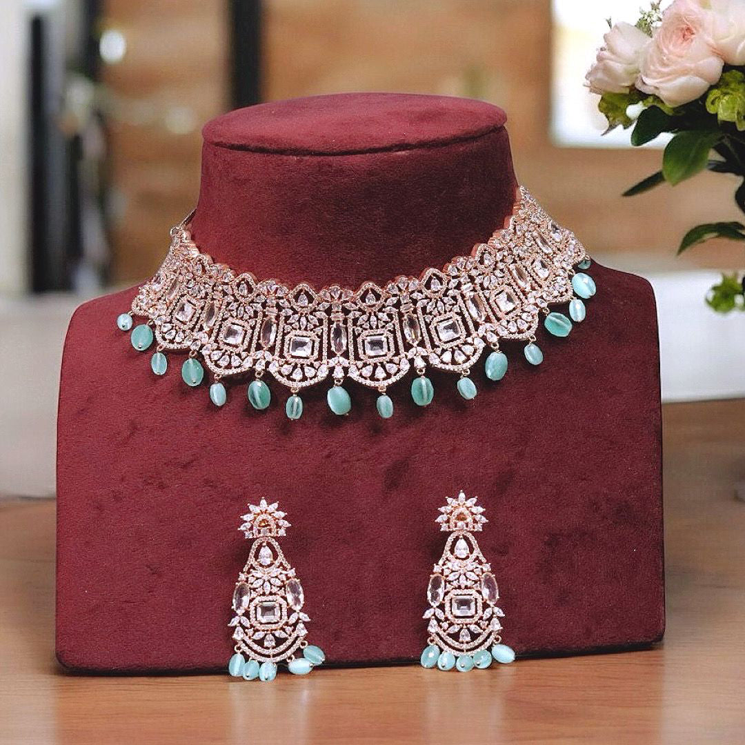 Mint Jaipuri Wedding Choker Earrings Set, Indian Bridal Mint Choker Set, Rajsthani Mint Jewerly Set, Pakistani Choker Earrings Set