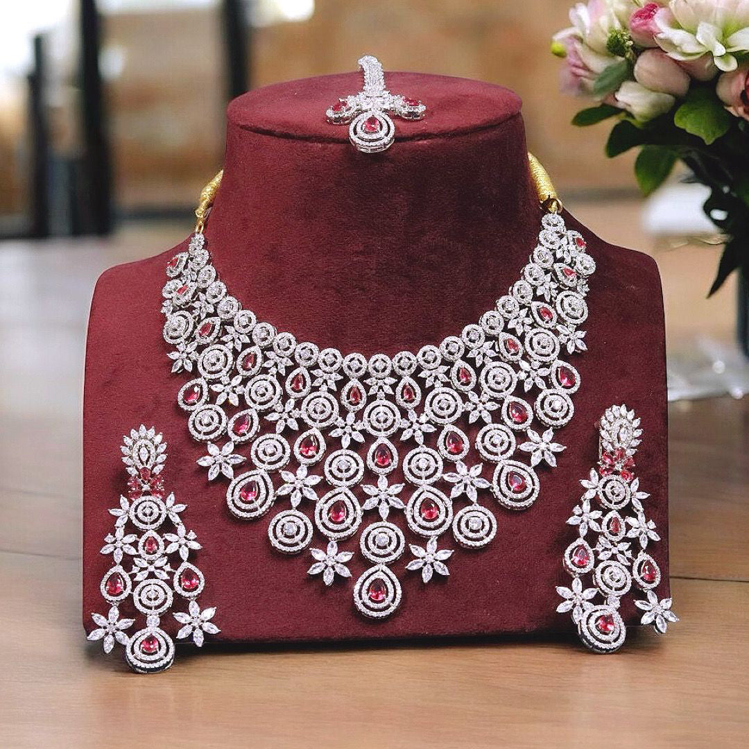 Indian Layered Meenakari Red Polki Choker Earrings Maangtika Set, Jaipuri Layer Red Polki Choker Jewelry Set, Red Choker Set