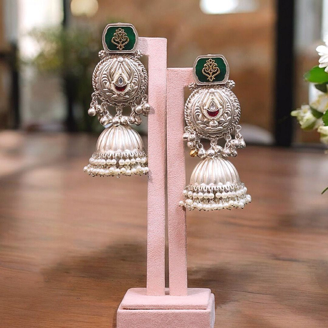 Jaipuri Silver Plated Kundan Jhumki Earrings Set, Indian Bridal Kundan Jhumki Set, Pakistani Silver Plated Earrings Set, Bollywood Kundan Jewelry Set