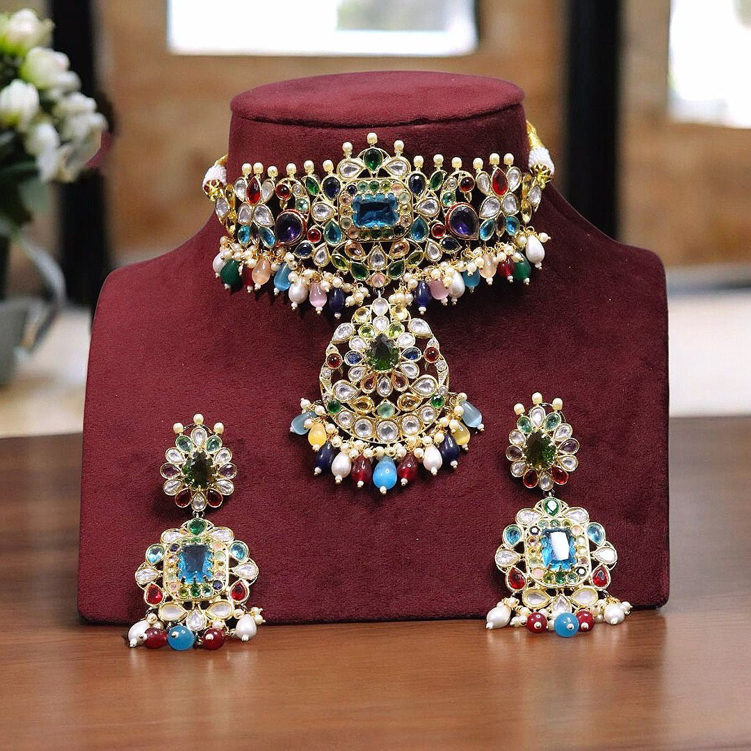 Nature Inspired Polki Choker Earrings Indian Jewelry Set, Bollywood Floral Polki Choker Set, Celebrity Polki Choker Earrings Set