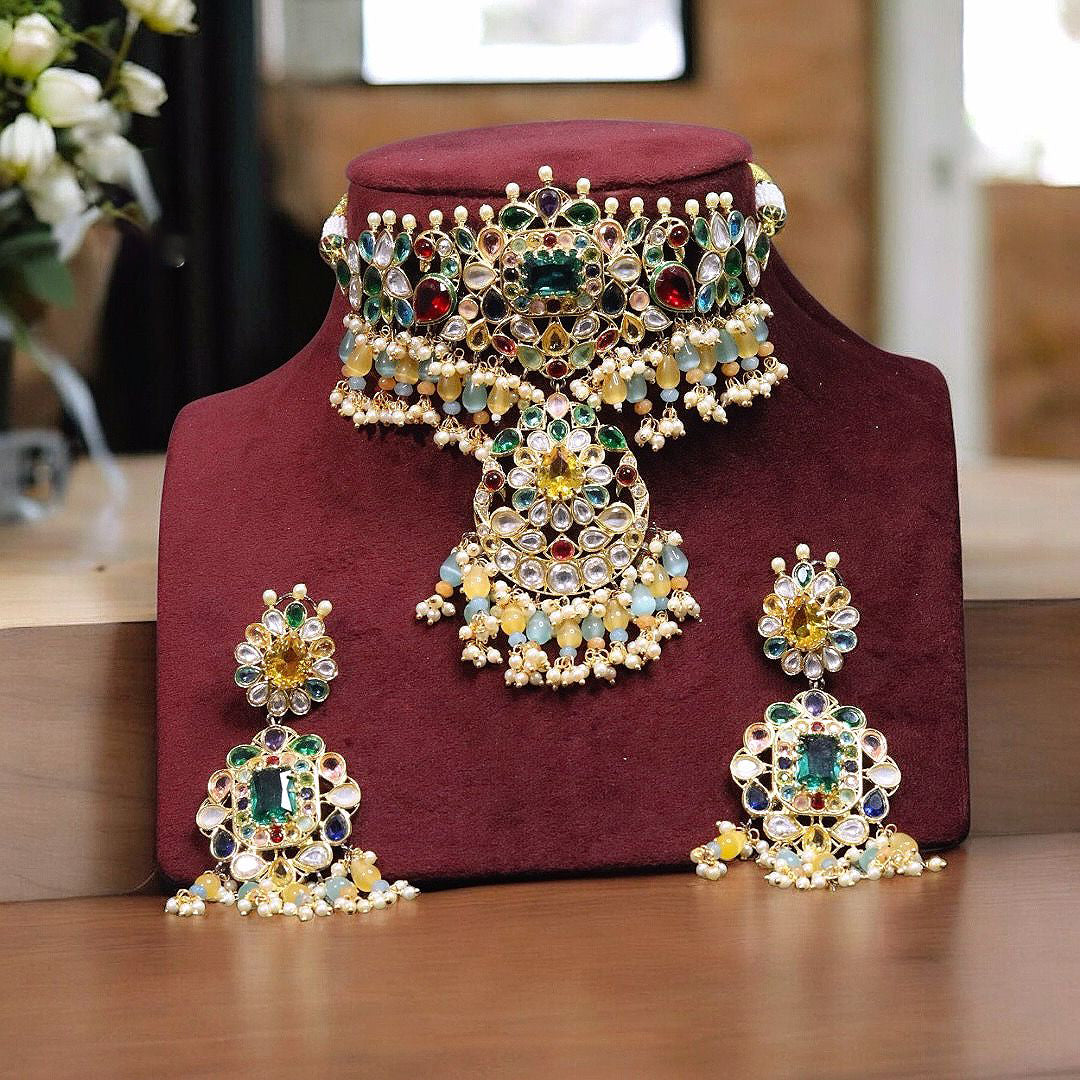 Nature Inspired Polki Choker Earrings Indian Jewelry Set, Bollywood Floral Polki Choker Set, Celebrity Polki Choker Earrings Set