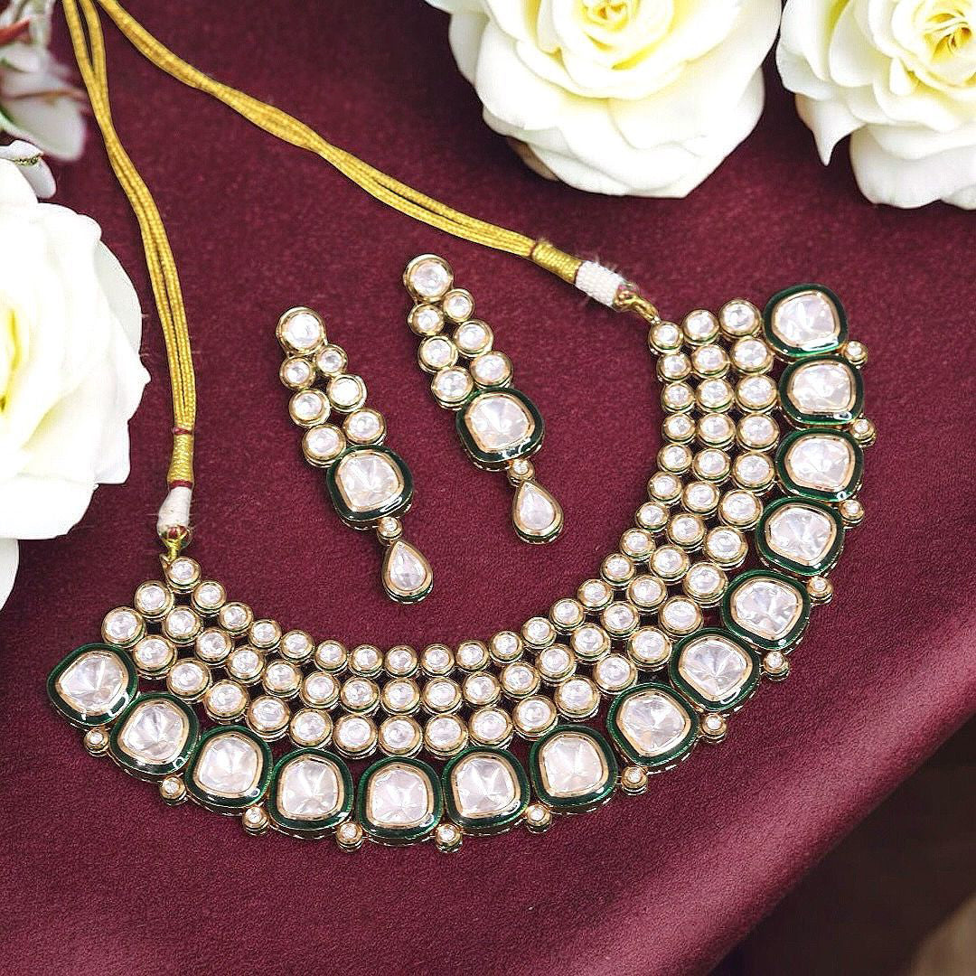 Punjabi Multi Layered Polki Beaded Choker Earrings Set, Punjabi Layered Polki Jewelry Set, Punjabi Polki Layer Choker Set, Indian Choker Earrings Set, Bollywood Polki Layer Choker Set