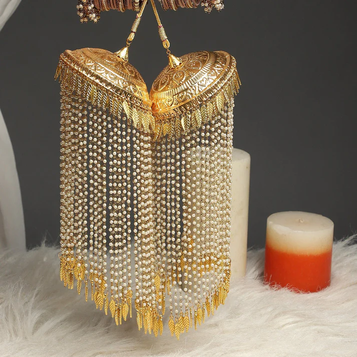 Vintage Golden Kaleere with Antique Pearl Tassels, Golden Layer Haathphool Set, Indian Kaleere Jewelry, Bollywood Kaleere