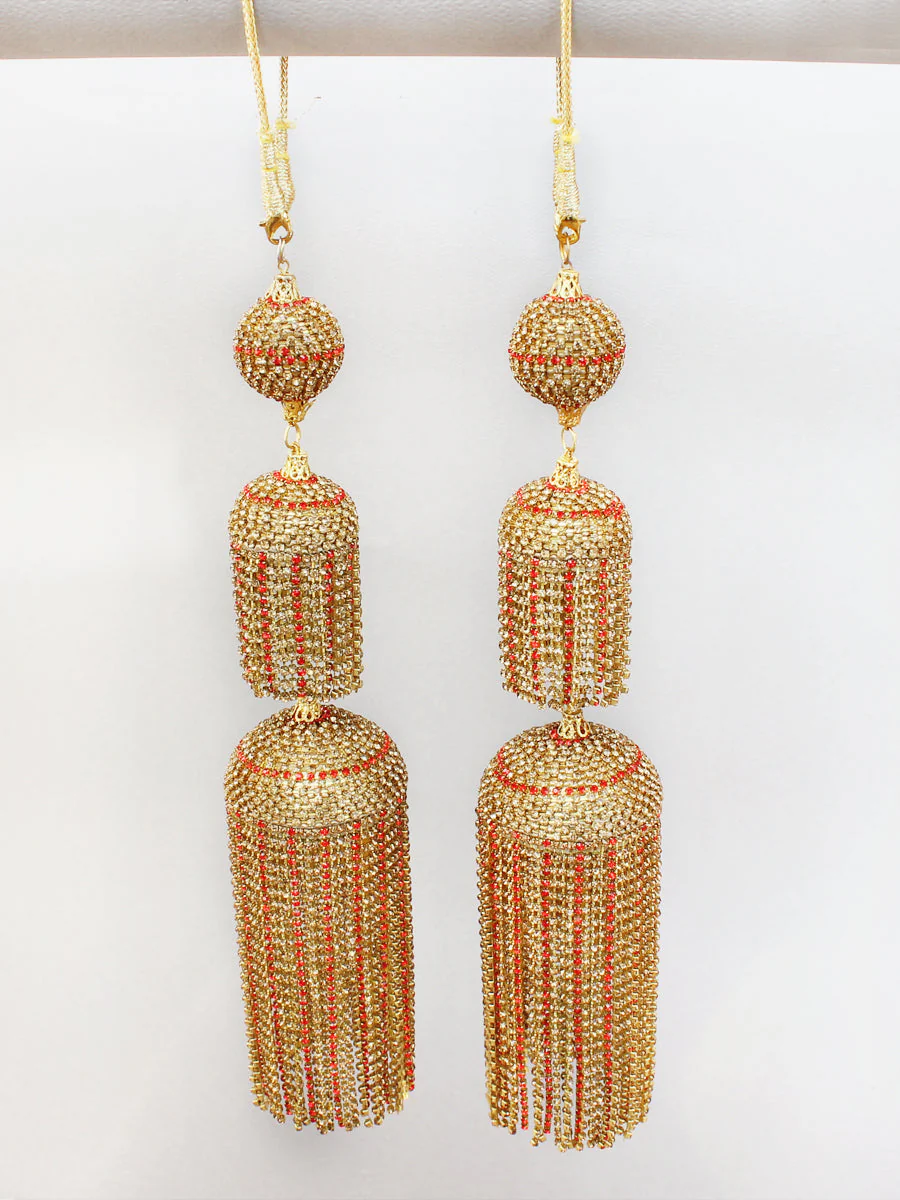 Dazzling Hanging Tassels Golden Kalire Jewelry Set, Indian Bridal Golden Kalire Set, Bollywood Golden Tassel Kalire, Pakistani Haathphool Set