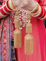 Dazzling Hanging Tassels Golden Kalire Jewelry Set, Indian Bridal Golden Kalire Set, Bollywood Golden Tassel Kalire, Pakistani Haathphool Set