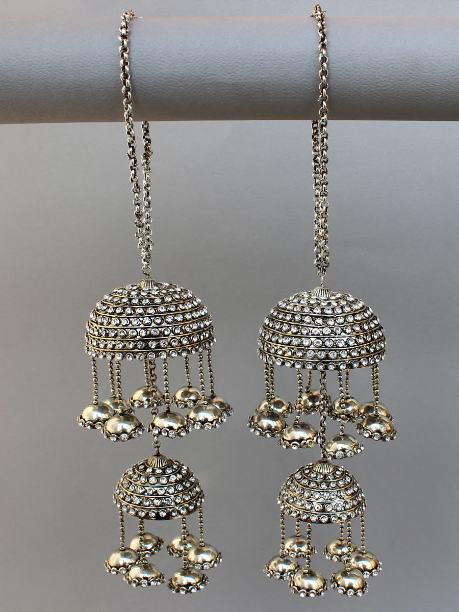 Indian Silver Jhumka Designed Bridal Kalire Set, Pakistani Jhumka Inspired Haathphool Set, Punjabi Kaleere Jewelry Set, Indian Kalire Set