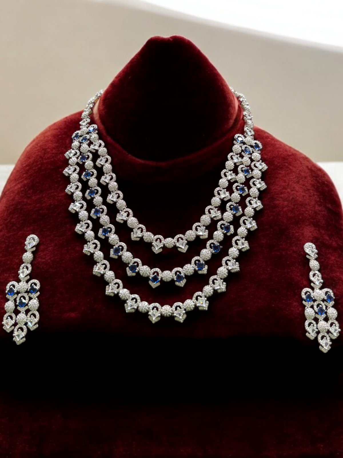 Pakistani Silver Tripple Layer Kundan Necklace Earrings Set, Pakistani Silver Multi Layer Pearl Necklace Set, Indian Silver Layered Kundan Jewelry Set, Rajsthani Kundan Necklace Set