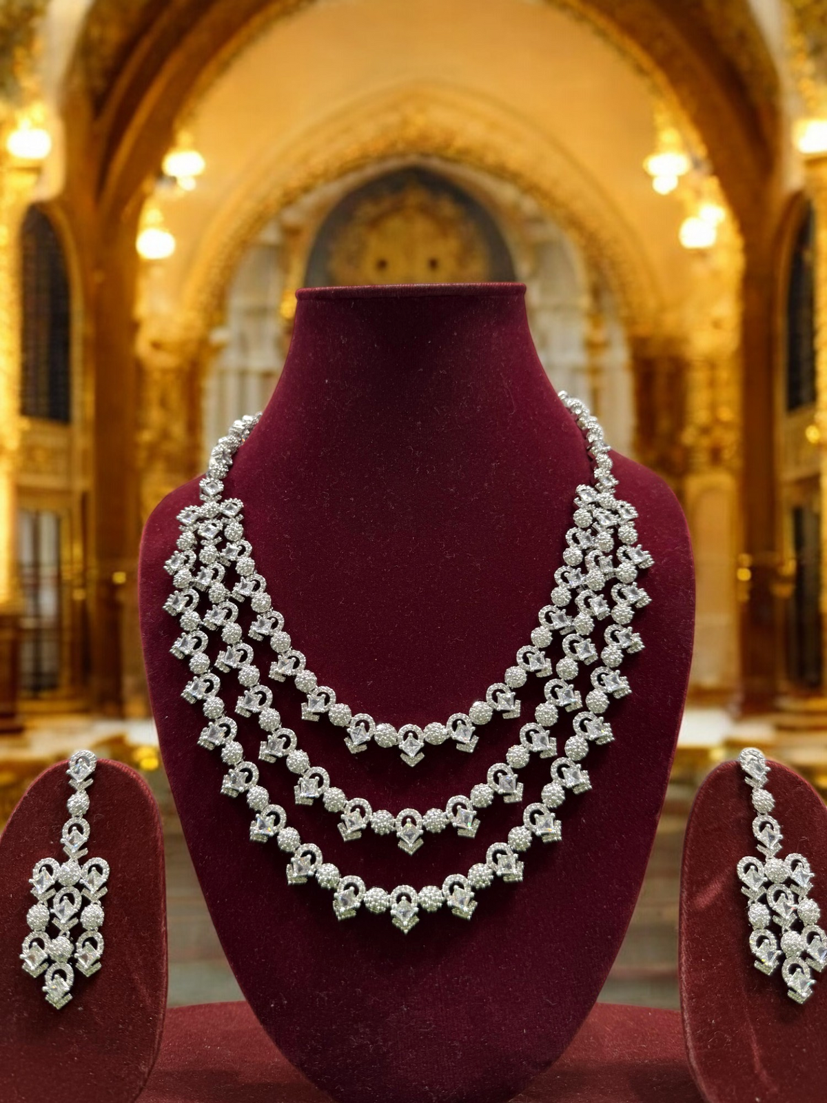 Pakistani Silver Tripple Layer Kundan Necklace Earrings Set, Pakistani Silver Multi Layer Pearl Necklace Set, Indian Silver Layered Kundan Jewelry Set, Rajsthani Kundan Necklace Set