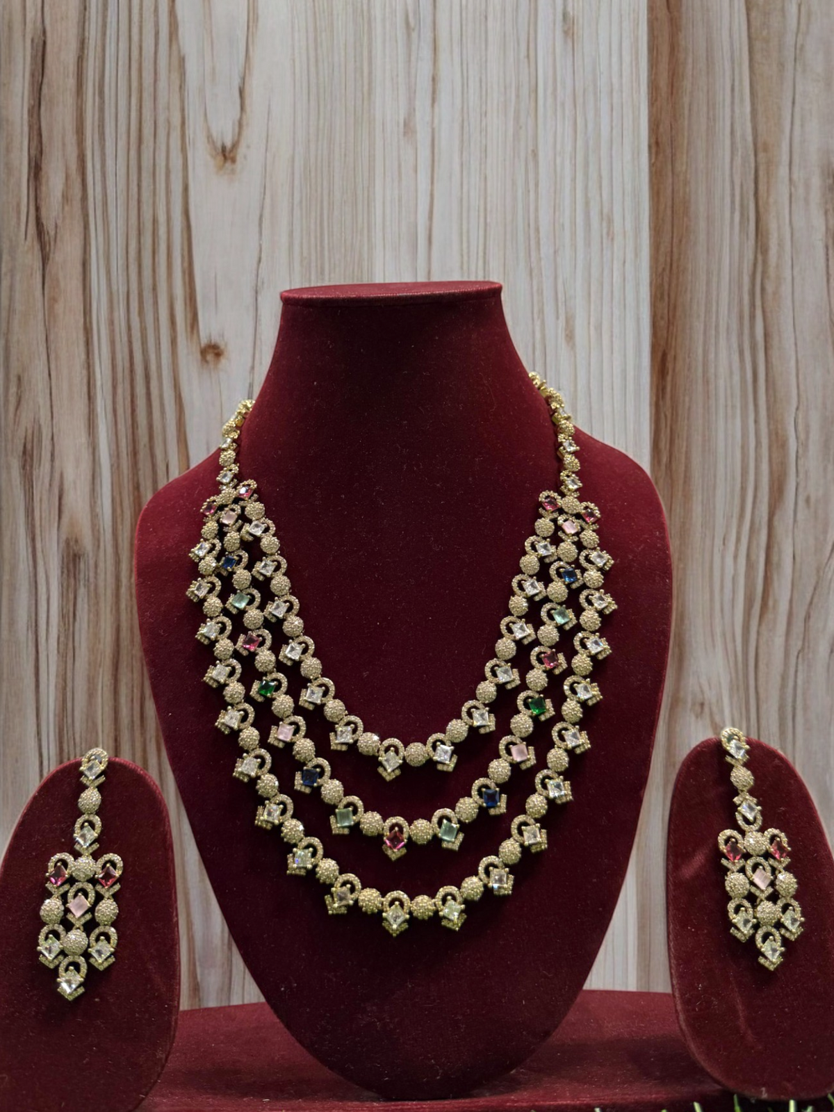 Rajsthani Golden Multi Layer Kundan Necklace Earrings Set, Jaipuri Golden Layered Pearl Necklace Set, Indian Gold Layered Kundan Jewelry Set, Indian Kundan Necklace Set