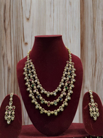 Rajsthani Golden Multi Layer Kundan Necklace Earrings Set, Jaipuri Golden Layered Pearl Necklace Set, Indian Gold Layered Kundan Jewelry Set, Indian Kundan Necklace Set