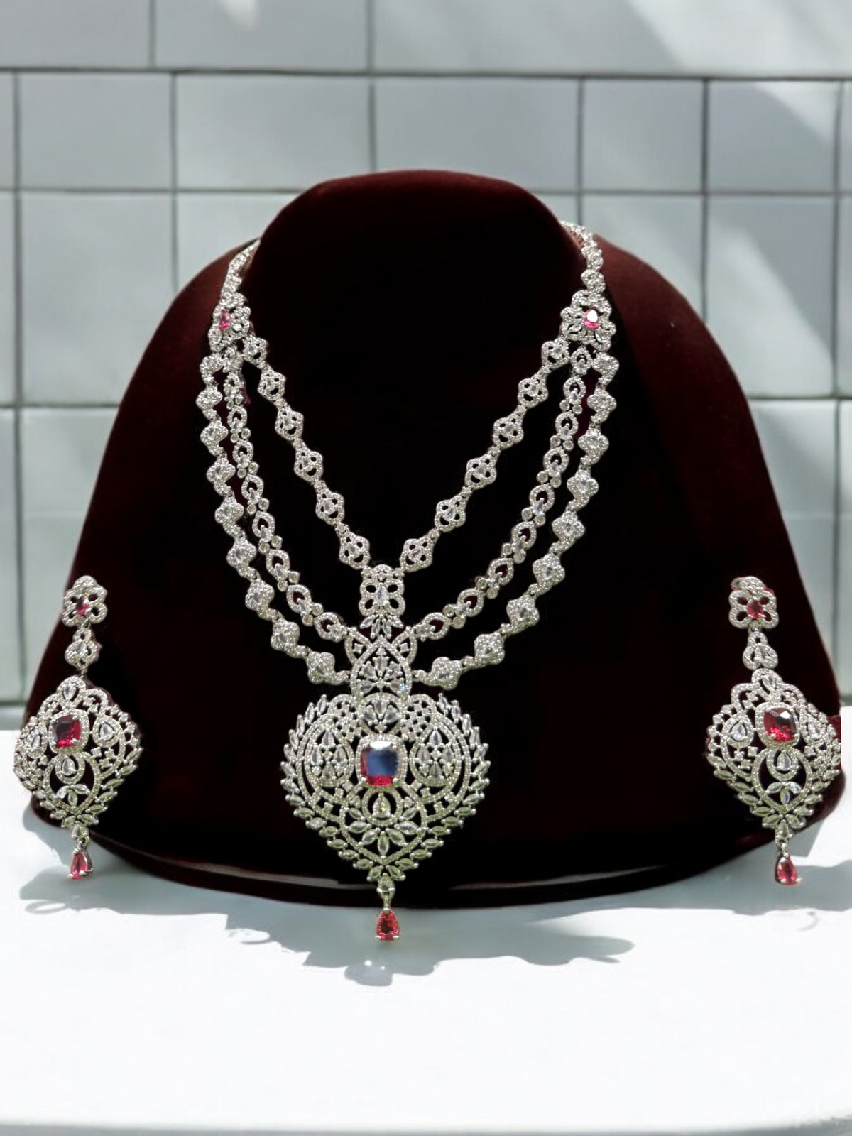 Three Layered Indian Sparkling AD Necklace Earring Set, CZ Layer Necklace Set, Multi Layer AD Jaipuri Necklace Jewelry Set, CZ Layer Jewelry Set