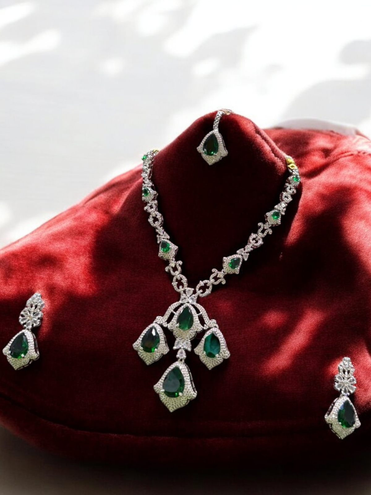 Indian Classic Silver CZ Necklace Earrings Maangtika Set, Pakistani Silver AD Necklace Set, Bollywood AD Jewelry Set, Celebrity Inspired CZ Necklace Set, WEdding AD Jewelry Set